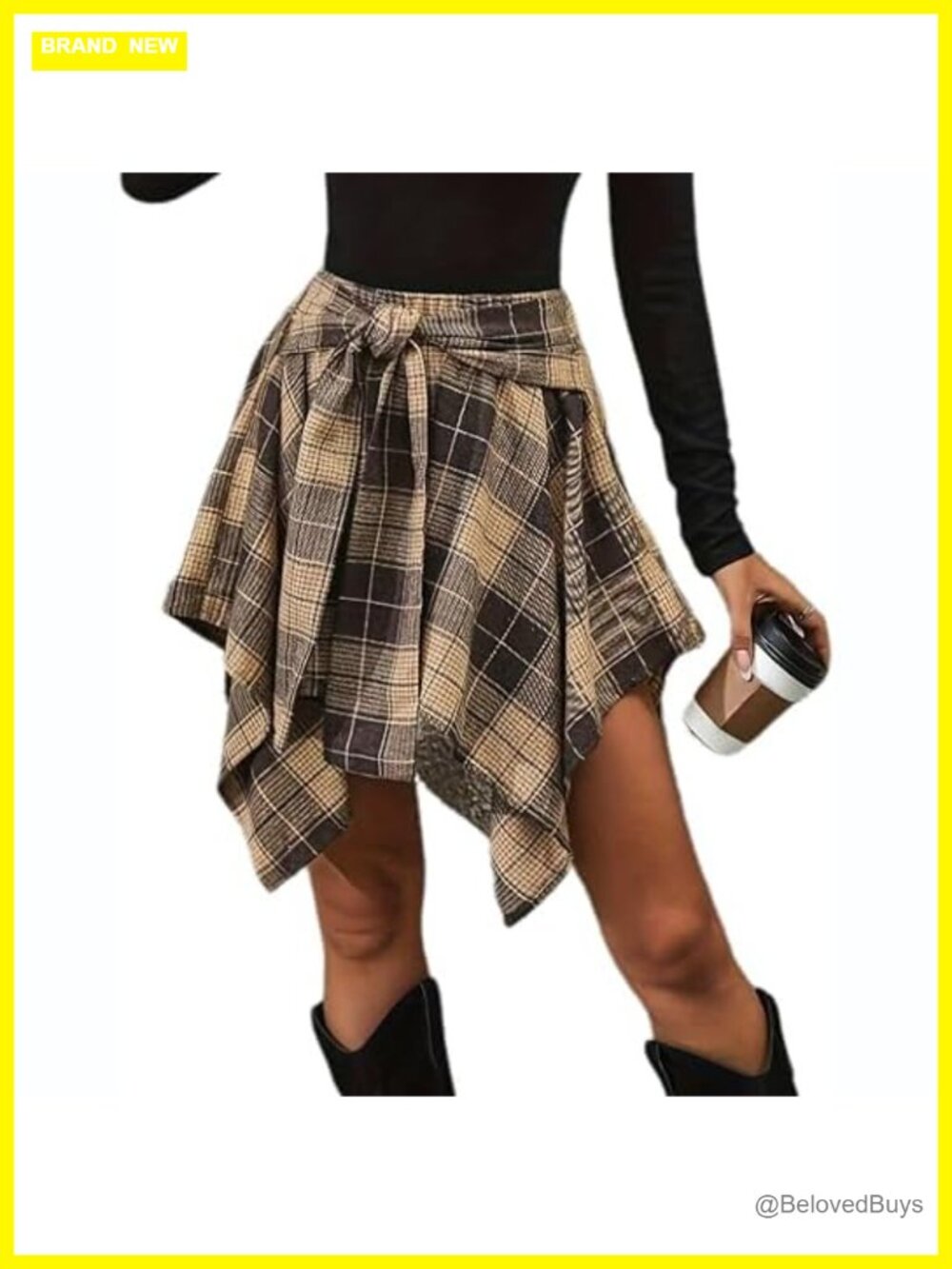 High Waisted Asymmetrical Hem Plaid Mini Skirt with Tie Front